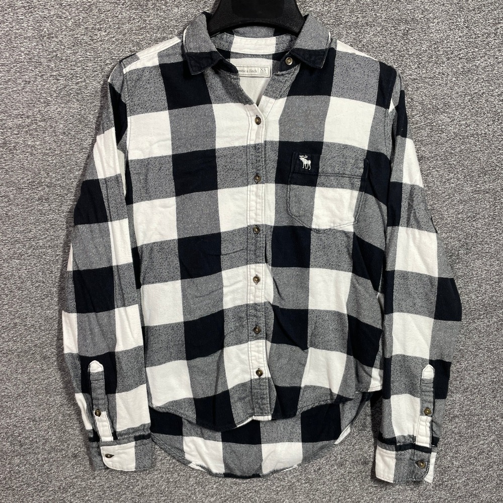 Abercrombie & Fitch Flannel Shirt Womens XS Buffalo Plaid Black White Top